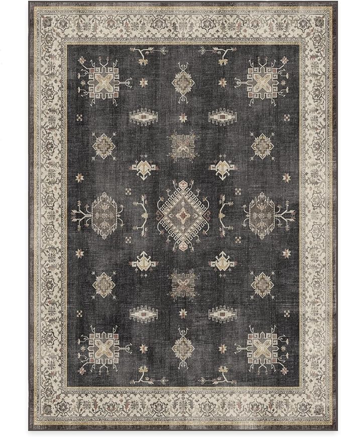 RUGGABLE Washable Vintage Area Rug – Verena Dark Wood 5x7, Stain-Resistant, Non-Slip – Medium Machine Washable Rugs for Living Room, Bedroom, Hallway, Entryway & Office–with Cushioned Pad