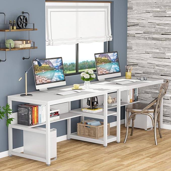 Tribesigns Two Person Desk with Bookshelf, 78.7 Computer Office Double Desk for Two Person, Rustic Writing Desk Workstation with Shelf for Home Office (White)