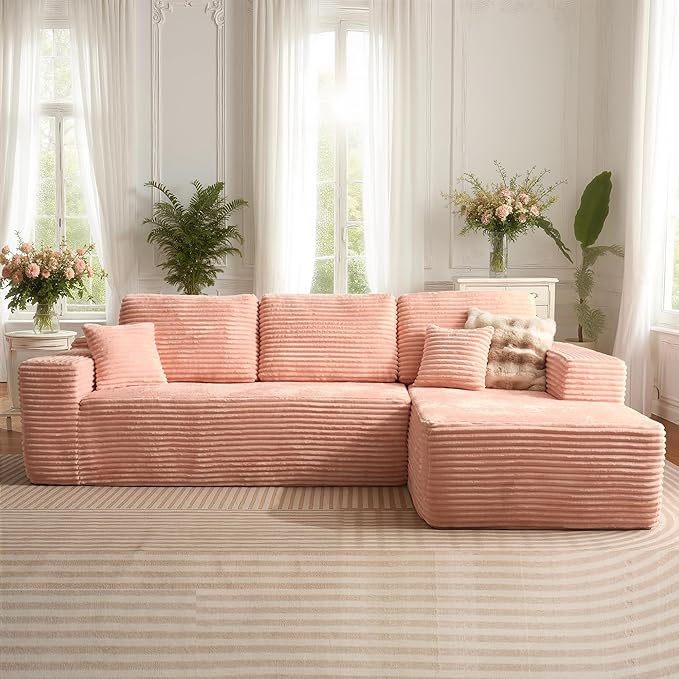 106" Cloud Sectional Couch with L-Shape Chaise, No Assembly Modular Sofa, Deep Seat Plush Corduroy Boneless Couched for Living Room (Pink Plush Corduroy, Right Facing Chaise)