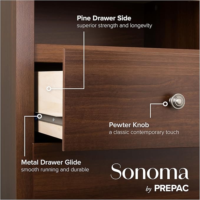 Prepac Sonoma Traditional 5-Drawer Tall Dresser for Bedroom, Functional Bedroom Dresser Chest of Drawers 17.75" D x 31.5" W x 44.75" H, Cherry