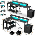 YOUNGAR L Shape Gaming Desk with File Drawers&Power Outlet, 69.3 Inch Reversible 2 Person Desk,Corner L Shape or Long Desk Set up,Monitor Stand &Storage Shelves, LED Lights &CPU Stand,Black