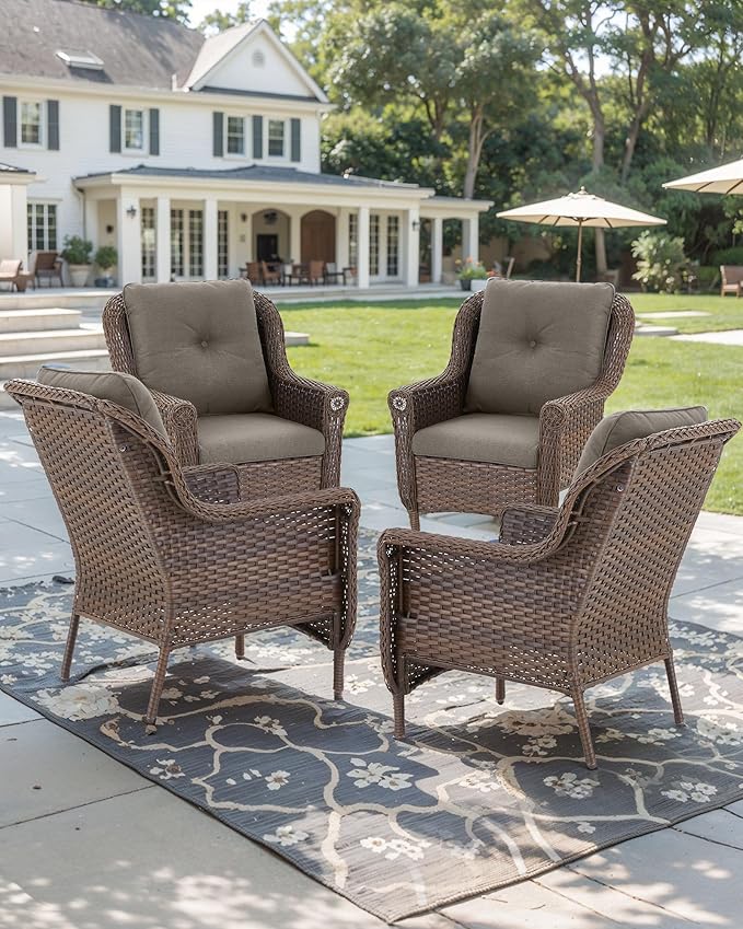 Patio Wicker Chairs Outdoor Furniture Chair - Set of 4 Outside All Weather Lawn Dining Brown Rattan Armchair with High Back&Deep Seating for Deck Porch Balcony Backyard Garden - Grey