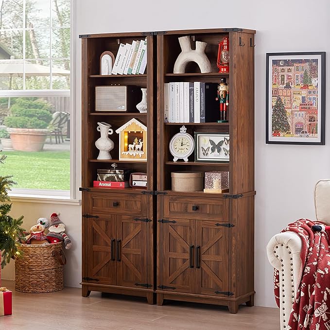 72in Tall Bookshelf 7 Tier Bookcase with Drawer and Barn Doors and Adjustable Shelves, Brown Farmhouse Book Shelf with Storage Cabinet, Wood Freestanding Display Bookshelves for Kitchen (2PCS)