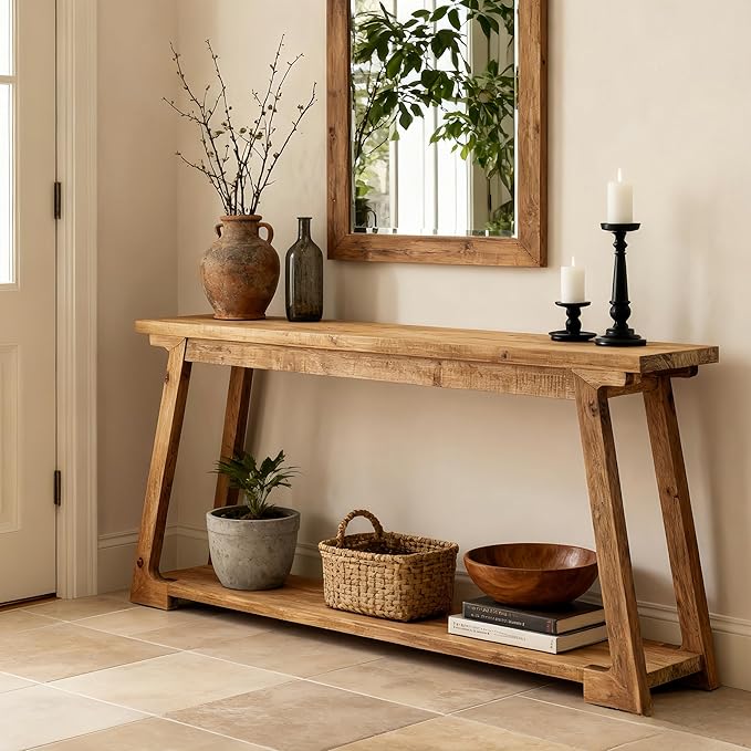 Tribesigns 63-Inch Long Console Table, 2-Tier Solid Wood Sofa Table with Storage, Narrow Behind Couch Accent Furniture for Living Room, Hallway, Entryway