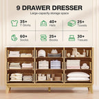 Fluted 9 Drawer Dresser, 57" Wide Chest of Drawers with Faux Marble Top,Modern Dresser TV Stand, Wood Closet Clothes Storage Organizer with Curved Edges for Bedroom, Living Room, Natural