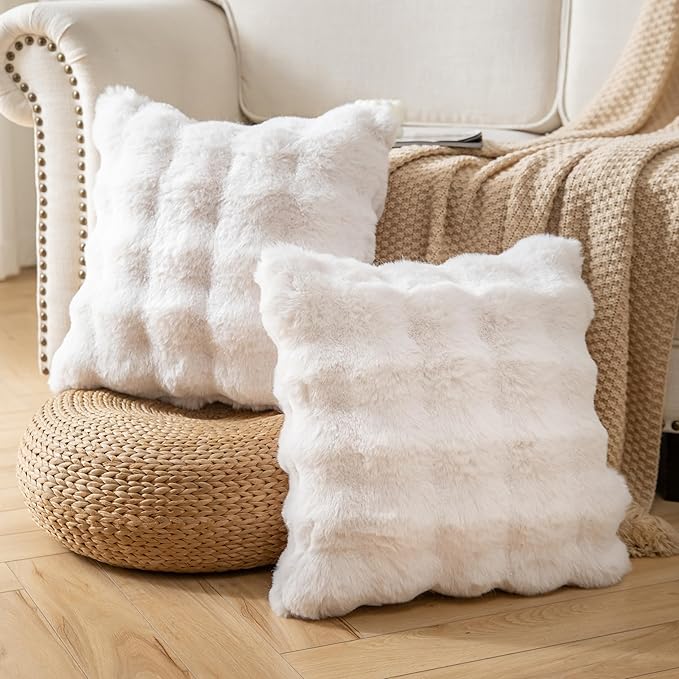 Pack of 2 Thick Plush Throw Pillow Covers Fluffy Wave Faux Fur Decorative Cushion Covers Soft Wool Pillowcase for Sofa Couch Livingroom 18x18 Inch White