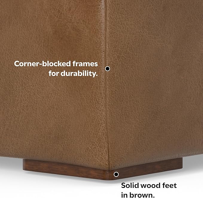 SIMPLIHOME Rex Ottoman in Full-Grain Genuine Leather, Caramel Brown, 34-inches Wide, Modern-Style Table Ottoman or Footrest, Assembled, for Living Room and Family Room