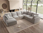 Oversized Cloud Couches for Living Room, Boneless Sectional Couch with Ottoman, 7 Seater Large Modular Sectional Sofa, Light Grey