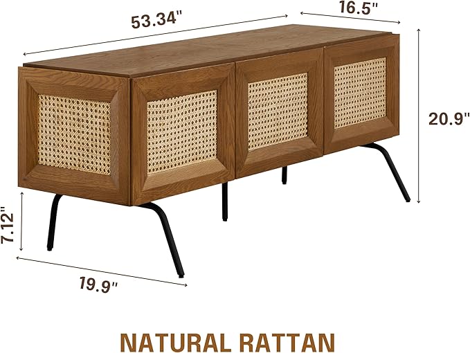 NTC Mossic TV Media Cabinet with 3 Doors for TVs, Entertainment Center with Natural Rattan, Metal Legs, Modern Storage Console for Living Room and Bedroom, Effortless Assembly, Rustic Oak