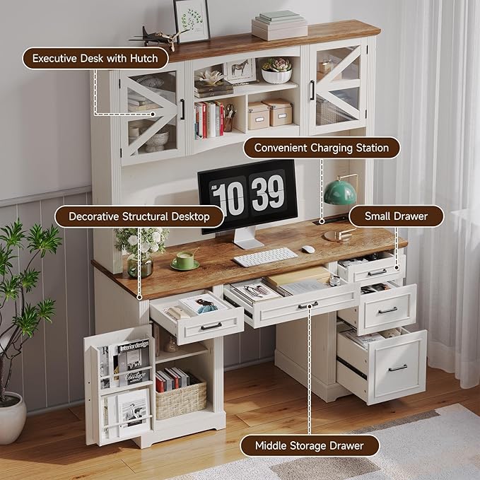 ONBRILL 72" H Farmhouse Executive Desk with Hutch, Office Desk, Computer Desks with Charging Station, Computer Workstations with 5 Drawers and Storage Cabinet for Home, Office, Off White & Walnut