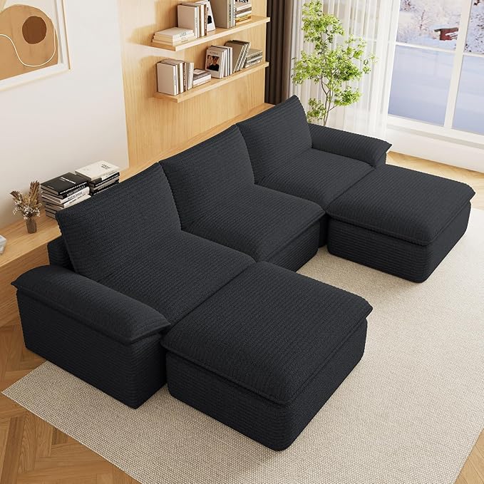 113.03" Sectional Couches for Living Room Modern Modular Sofa with U-Shape Couchs Upholstered Corduroy Boneless Couch Deep Seat Cloud Couch with Ottoman, No Assembly Required, Black