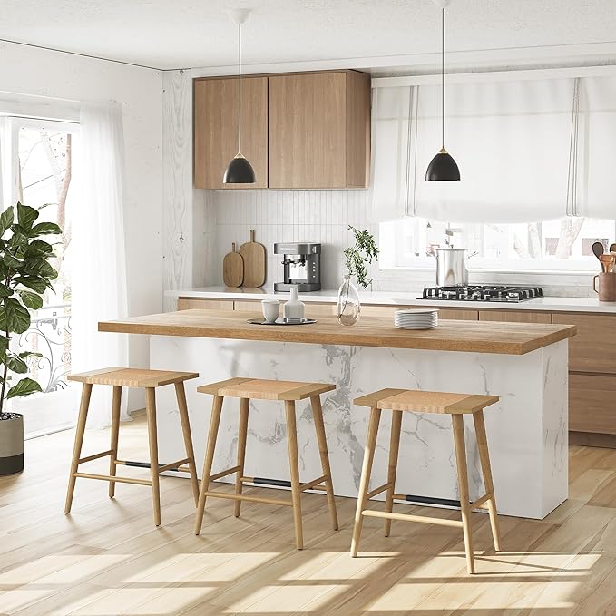 Thor Wicker Counter Height Wooden Counter Stool with Hand-Knitted Rope, K/D, Backless Island 24" Wicker Stool for Kitchen, Solid Wood (3, Thor Counter Stool - Light Oak)