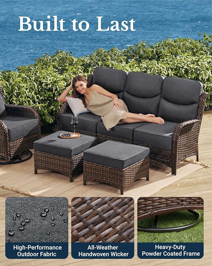 HILLGA Luxury Patio Furniture Set with 6-inch Thick Cushion, Outdoor Couch and High Back Swivel Rocker Patio Chairs, 8PCS Wicker Conversation Set for Deck Yard and Poolside, Dark Grey (V2)