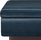 SIMPLIHOME Owen 34 inch Wide Mid Century Modern Rectangle Coffee Table Storage Ottoman in Distressed Dark Blue Vegan Faux Leather, Assembled, for the Living Room, Entryway and Family Room