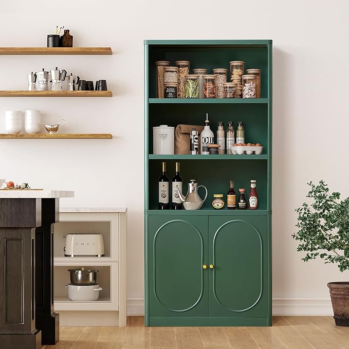 70.8" Tall Fluted Bookshelf with Storage Cabinet, Modern 5-Tier Wood Bookcase with Open Display Storage Shelf, Gold Handles for Office Living Room (Green)