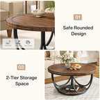 Tribesigns Round Coffee Table with 2 Tiers, 33.5" Wooden Circle Accent Cocktail Table with Storage Shelf and Metal Frame, Industrial Center Tables for Living Room, Brown & Black