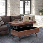 SIMPLIHOME Owen 42 inch Wide Mid Century Modern Rectangle Lift Top Large Coffee Table Storage Ottoman in Distressed Saddle Brown Vegan Faux Leather, Assembled, for the Living Room and Entryway