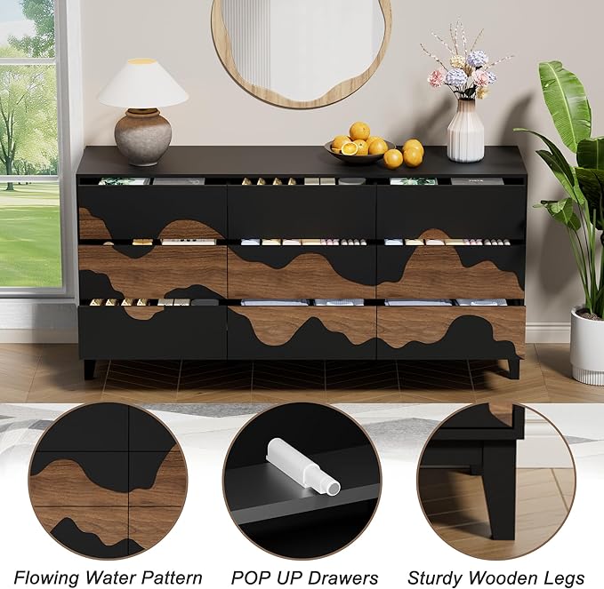 UEV 9 Drawer Dresser for Bedroom, 63" Long Mid-Century Modern Chest of Drawers with Unique Water Stream Pattern, Wooden Dressers Organizer for Living Room, Nursery (Black and Brown)