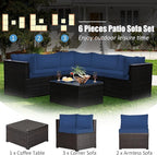 Tangkula 6 Pieces Patio Furniture Set, Outdoor Rattan Sofa Set, Wicker Conversation Set w/Tempered Glass Coffee Table & Cushions, Sectional Sofa Set for Backyard, Garden, Balcony, Poolside