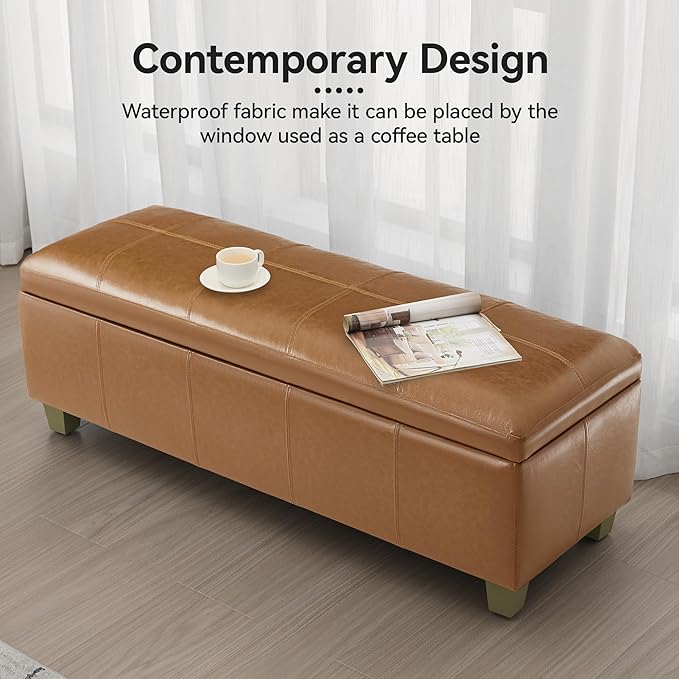 51" Faux Leather Storage Ottoman, Stitch Tufted Rectangle Upholstered End of Bed Storage Bench, Entryway Large Couch Ottoman with Wooden Legs, Light Brown