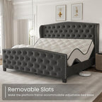 LARMACE Queen Size Bed Frame Velvet Upholstered Platform Bed with Wingback Headboard & Footbaord, Deep Button Tufted Bed Frame with Wood Slats Support, No Box Spring Needed, Grey