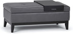 SIMPLIHOME Oregon 42 inch Wide Contemporary Rectangle Storage Ottoman Bench with Tray in Stone Grey Vegan Faux Leather, Assembled, For the Living Room, Entryway and Family Room