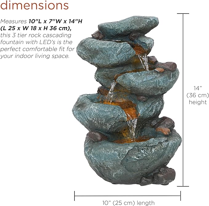 Alpine Corporation TZL418 14" 3 Tier Rock Fountain with LED Lights, Elegant Cascading Water Feature for Tabletop, Indoor Decor, Relaxing Stone Waterfall for Home & Office, Gray