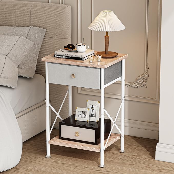 VECELO End Tables, Modern Nightstand with Fabric Drawer & Open Shelf, Night Stand for Bedroom Living Room, Industrial Metal Frame, Easy Assembly, Light Brown,2 Pack