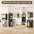 Rattan Bathroom Wall Cabinet, Boho Medicine Wall Cabinet with Double Doors and Adjustable Shelves, Tall Kitchen Wall Mounted Storage Cabinet, Floating Space Saver Over Toilet, Black