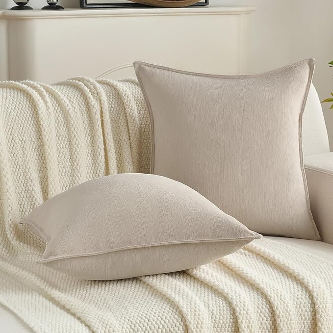 FUTEI Beige Chenille Throw Pillow Covers 16x16 Inch Set of 2,Edges Double-Stitched Cushion Cases,Modern Home Decor for Couch Living Room