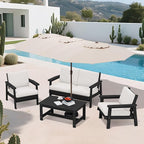 SERWALL HDPE Patio Furniture Set with 15FT Double Side Patio Umbrella, All Weather Wood-Like Outdoor Sofa Sectional Couch, Black Patio Furniture with Khaki Cushions
