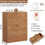 LEYAOYAO Fluted 5 Drawers Dresser for Bedroom Set of 2, 41" Tall Modern Chest of Drawers with Metal Handle, Curved Profile Design,Brown Wood Drawer Organizer for Bedroom, Living Room, Hallway