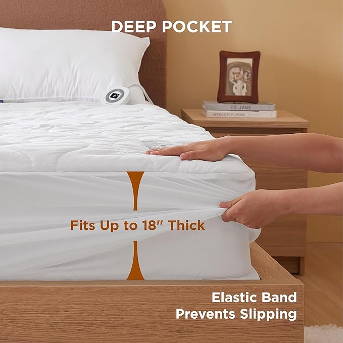 Bedsure Waterproof Heated Mattress Pad Queen - Cotton Bed Warmer with Memory & Preheat Functions, 10 Heat Settings & 12 Hour Shut Off, Dual Controller, Electric Mattress Pad Queen, 60"x80"