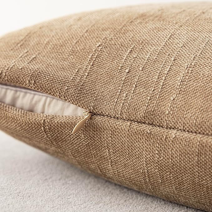 Foindtower Pack of 2 Soft Textured Chenille Throw Decorative Pillow Covers Square Accent Solid Cushion Cover Neutral Lumbar Pillow Case for Couch Sofa Bedroom Living Room 12x24 Inch,Taupe Khaki Camel