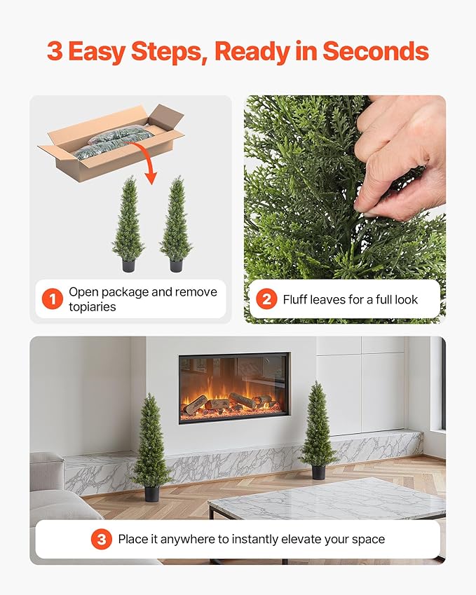 VEVOR Artificial Cedar Topiary Trees, 36 inch 2 Set Faux Pine Shrubs Plants, Fake Silk Tree Look Real, Easy Assembly for Decor Front Porch Outdoor Patio Garden Balcony Backyard Indoor Office（3FT