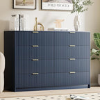 Navy Blue Dresser for Bedroom, Modern Dresser with 8 Drawers and Smooth Slides, Wide Chest of Drawers with Golden Handles for Bedroom, Closet, 15.7" D x 55" W x 37.4" H