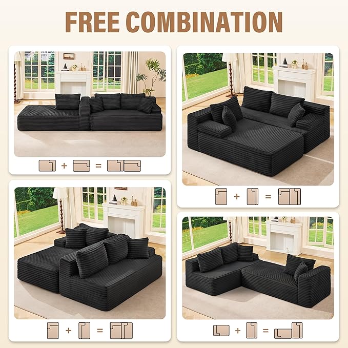 Hobestluk Modular Sectional Couch Sofa, 108" Boneless Couches for Living Room, Memory Foam Sectional Couch with Oversized Chaise,L-Shape Couches (Black, Left Facing)