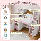 Kids Vanity, Girl Vanity Set with Storage Cabinet & Open Shelf, 2 In 1 Kids Vanity Table and Chair Set with Jewelry Storage, Princess Toddler Makeup Vanity with Mirror for Little Girls (White)
