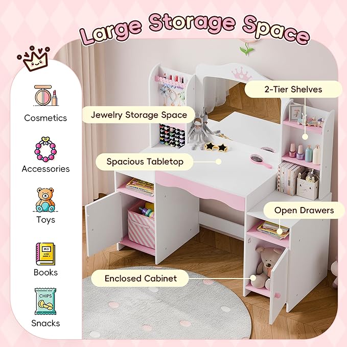 Kids Vanity, Girl Vanity Set with Storage Cabinet & Open Shelf, 2 In 1 Kids Vanity Table and Chair Set with Jewelry Storage, Princess Toddler Makeup Vanity with Mirror for Little Girls (White)