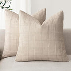 Foindtower Set of 2 Decorative Linen Check Throw Pillow Covers Neutral Farmhouse Vintage Cushion Covers Modern Boho Home Decor for Sofa Chair Couch Bedroom Living Room,16×16 Inch,Natural Linen