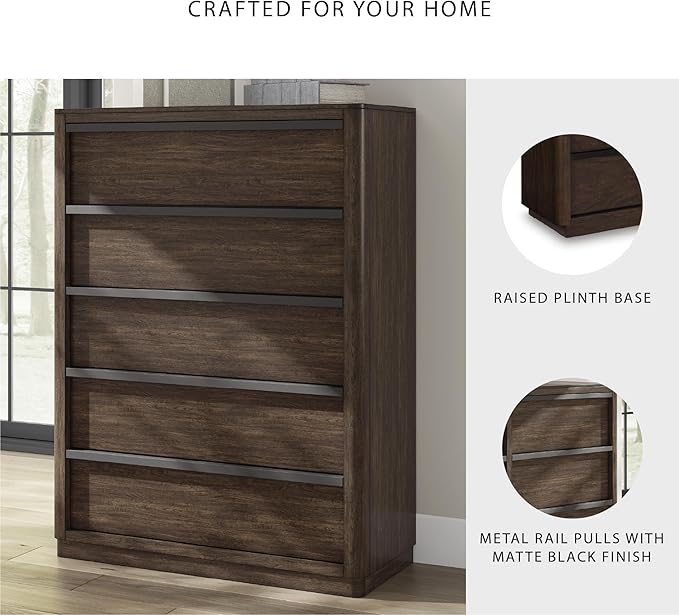Signature Design by Ashley Kendamor Contemporary 5-Drawer Chest with Felt-Lined Top Drawer and Easy Glide for Bedroom, Dark Brown