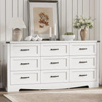 Dresser for Bedroom with 9 Drawers, 63" Wide Wood Chest of Drawers with Deep Drawers & Mental Handle, Modern Dresser TV Stand, Wooden Closet Storage Organizer for Living Room, Hallway, Entryway, White