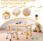 Kids Table & Chairs Set (2 Chairs), Height Adjustable Toddler Table and Chair Set for Kids Ages 3-8 with Graffiti Desktop, Learning & Art Activity Desk for Classroom, Home, Daycare (Natural)