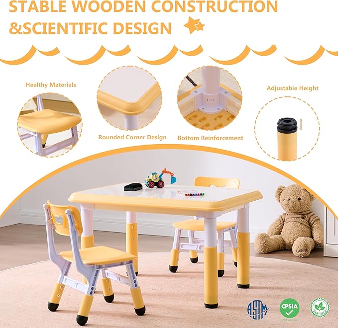 Kids Table & Chairs Set (2 Chairs), Height Adjustable Toddler Table and Chair Set for Kids Ages 3-8 with Graffiti Desktop, Learning & Art Activity Desk for Classroom, Home, Daycare (Natural)
