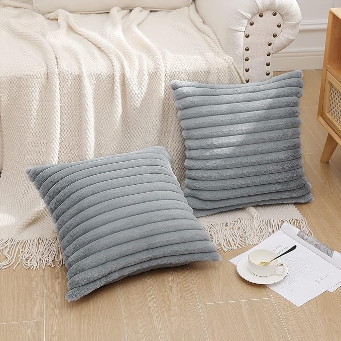 Pallene Faux Fur Plush Throw Pillow Covers 24x24 Set of 2, Luxury Soft Fluffy Striped Decorative Pillow Covers for Sofa, Couch, Living Room, Grey
