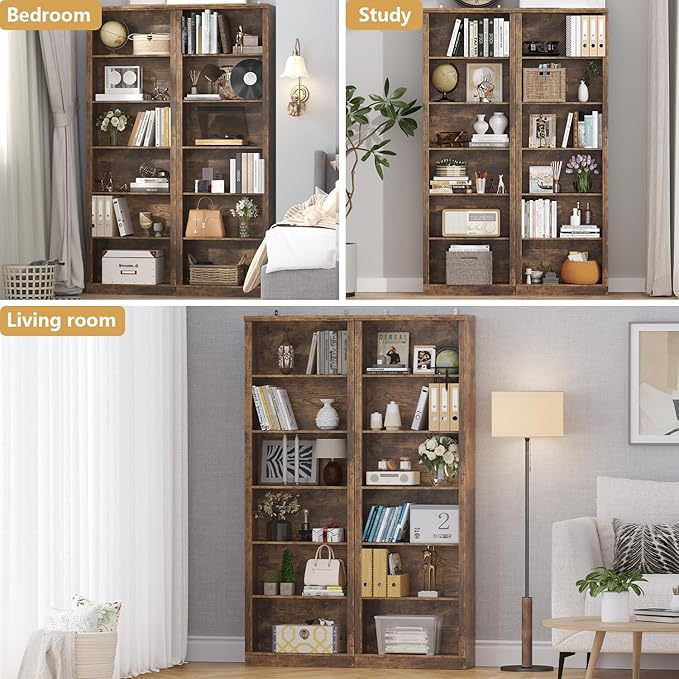 75" Tall Bookshelf & Bookcase Set of 2, 6-Tier Adjustable Storage Shelves, Book Shelf with Anti-Tipping Device, Floor Standing Modern Display Rack for Living Room, Bedroom, Office, Brown