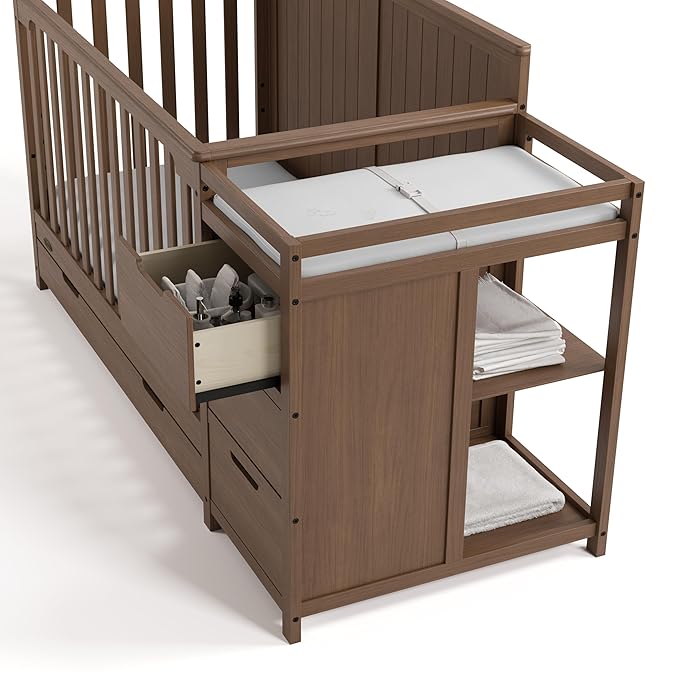 Graco Hadley 5-in-1 Convertible Crib & Changer (Hazelnut) – GREENGUARD Gold Certified, Fits Standard Crib Mattress, Converts to Toddler Bed and Full Bed, 4 Adjustable Mattress Heights