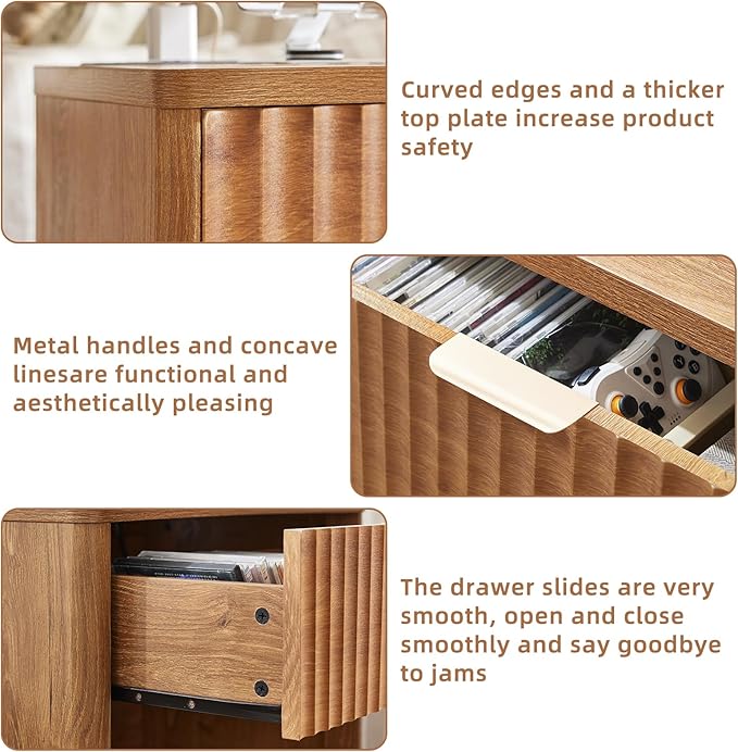 LEYAOYAO Fluted Nightstand with Charging Station, 23" Wide 1 Drawers End Table,Brown Night Stand with Open Storage Cabinet, Farmhouse Bed Side Tables, Wood Dresser for Bedroom, Living Room, Closet