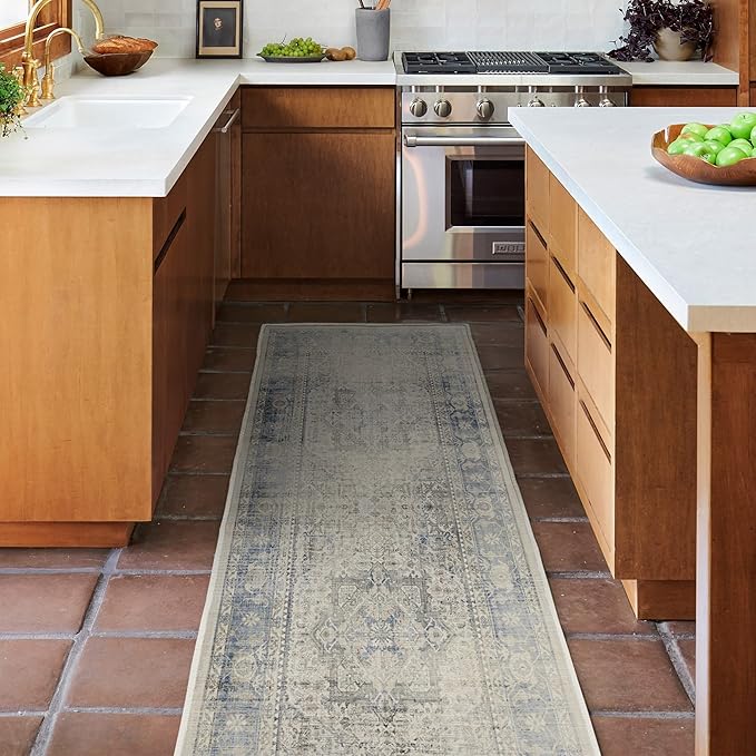 RUGGABLE Washable Vintage Runner Rug – Kamran Blue Quartz 2.5x10, Stain-Resistant, Non-Slip Hallway Runner – Machine Washable Rug for Hallway, Entryway, Living Room & Kitchen–with Standard Pad