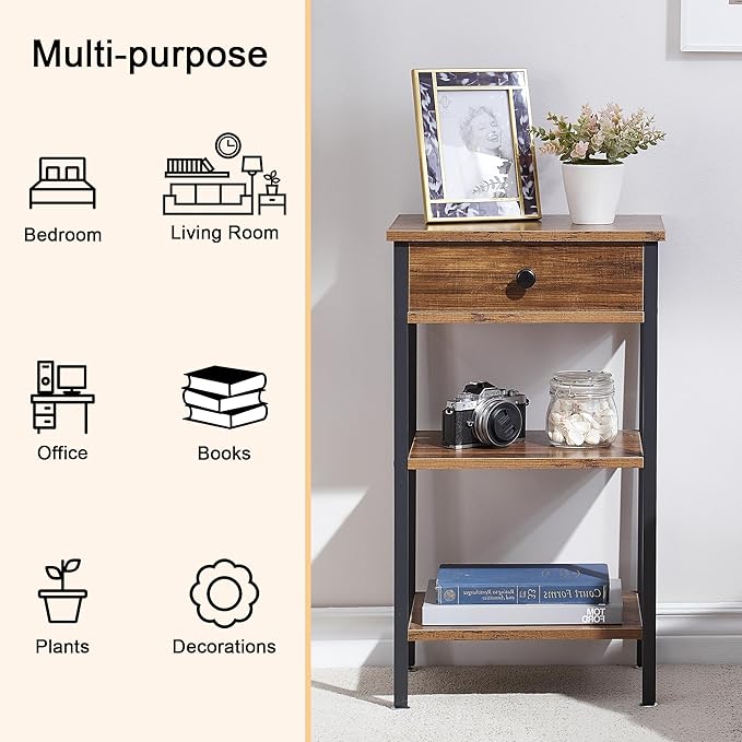 VECELO Tall End Side Table,Nightstand with Adjustable Shelf and Bin Drawer for Living Room/Bedroom/Entryway Small Spaces